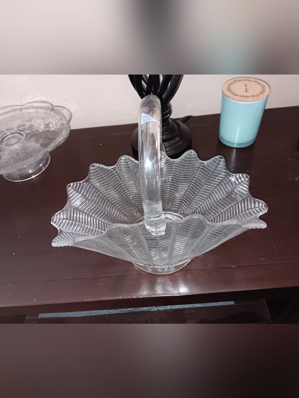 Unk Clear Glass Leaf-Edged Handled Basket